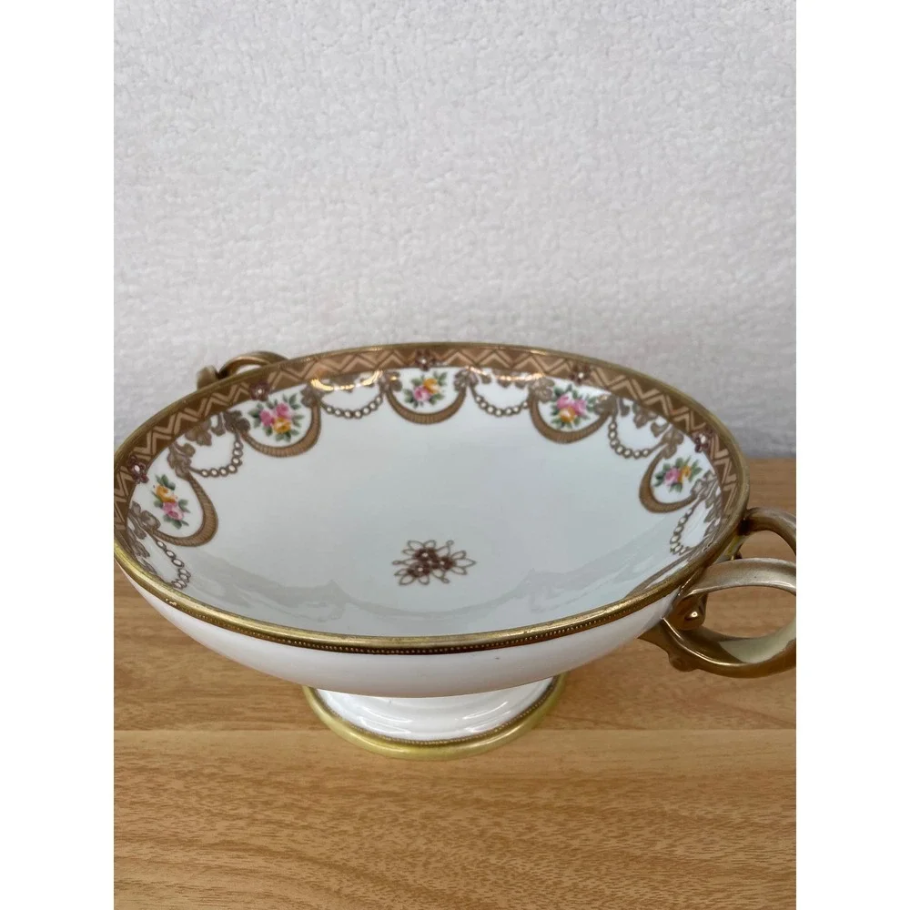 Antique Nippon Hand Painted Porcelain Pedestal Bowl Gold Moriage Floral 10.25